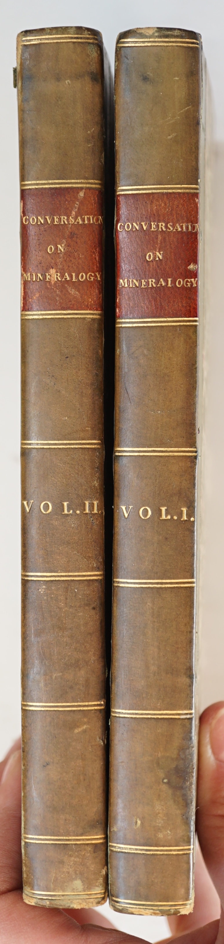 [Lowry, Delvalle)] - Conversations on Mineralogy, 1st edition, 2 vols. 12mo, half green morocco, hand coloured double-page frontispiece and 11 folding plates, vol. I lacks advertisement at beginning, Longman, Hurst, Rees